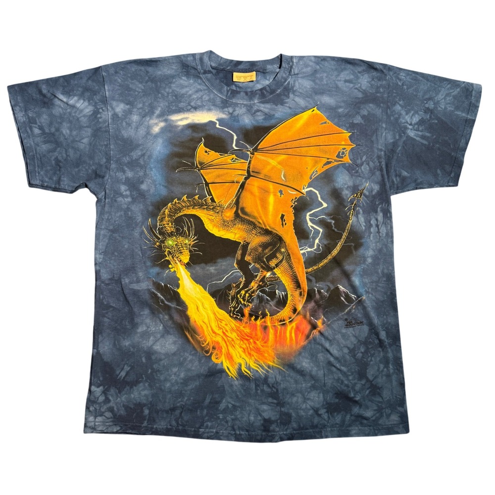 Vintage The Mountain 2004 Dragon Graphic T-Shirt XL Blue Tie Dye Fire Breathing